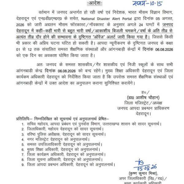 भारी वर्षा के अलर्ट पर देहरादून में स्कूल और आंगनबाड़ी केंद्र बंद